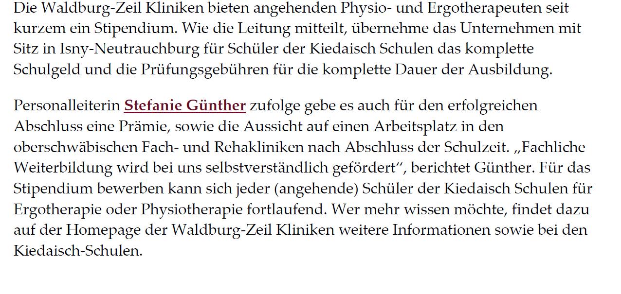 Stipendium Physiotherapie Waldburg-Zeil Kliniken